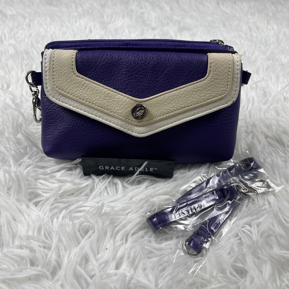Grace Adele Purple Cream Chevron Faux Leather Clutch Wristlet Crossbody Bag - Picture 7 of 9